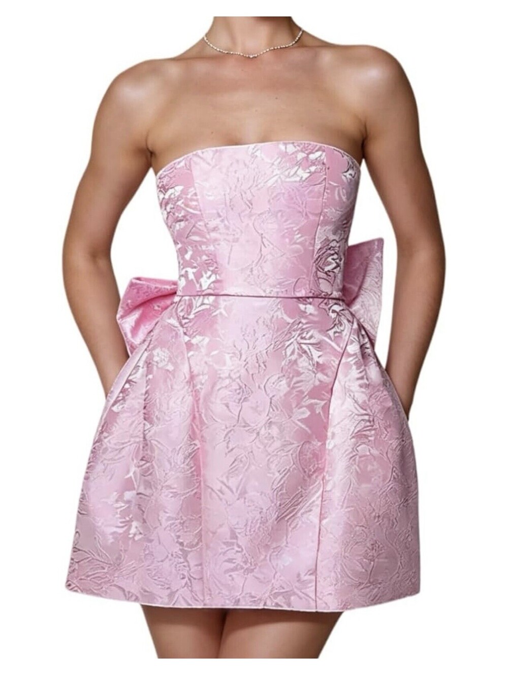 Strapless Jacquard Satin Short Homecoming Dresses for Teens Mini Party Gowns Bow